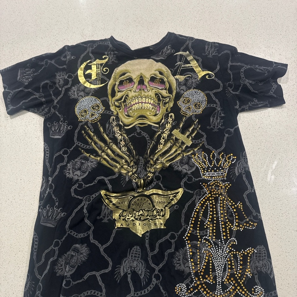 Christian Audigier Black and Gold Skull Graphic Tee